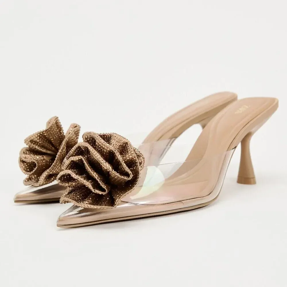 ZARA Floral Rosette Mule Heels NWT Pointed Toe Nude Vinyl Pumps Size 7.5 - Picture 13 of 16